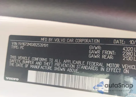 2011 Volvo S40 T5/T5 R-Design z USA, uszkodzony, nr VIN YV1672MSXB2539191